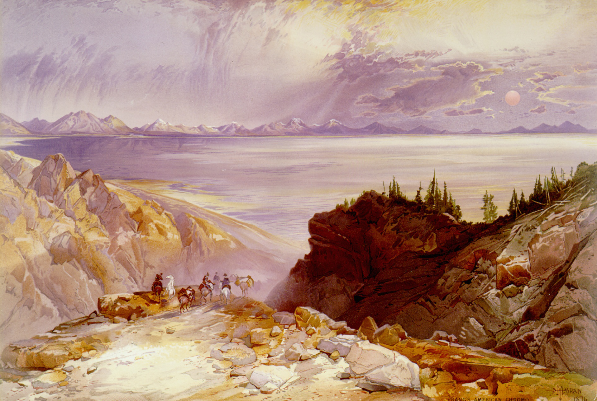 "The Great Salt Lake of Utah" painting by Thomas Moran in 1875. The painting features several people on horses, riding onto the beach of the Great Salt Lake.