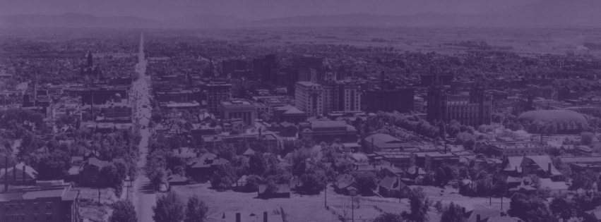View (looking south from State Capitol towards business district), Salt Lake City, Utah, 1931. The City and County Building / City & County Building / City-County Building can be seen in distance.