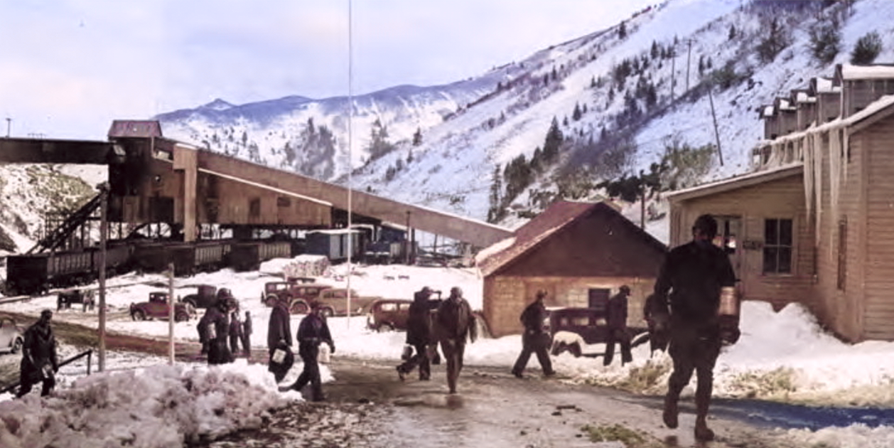 Miners near the Blue Blaze Coal Mine in Consumers, Utah. In 1920, Spring Canyon Mine superintendent A. E. Gibson developed the Gibson mine and the town took the same name. In 1924 the Consumers Mutual Coal Company took over both the town and the mine. After a brief peak the town failed and was mostly abandoned by the 1950s.