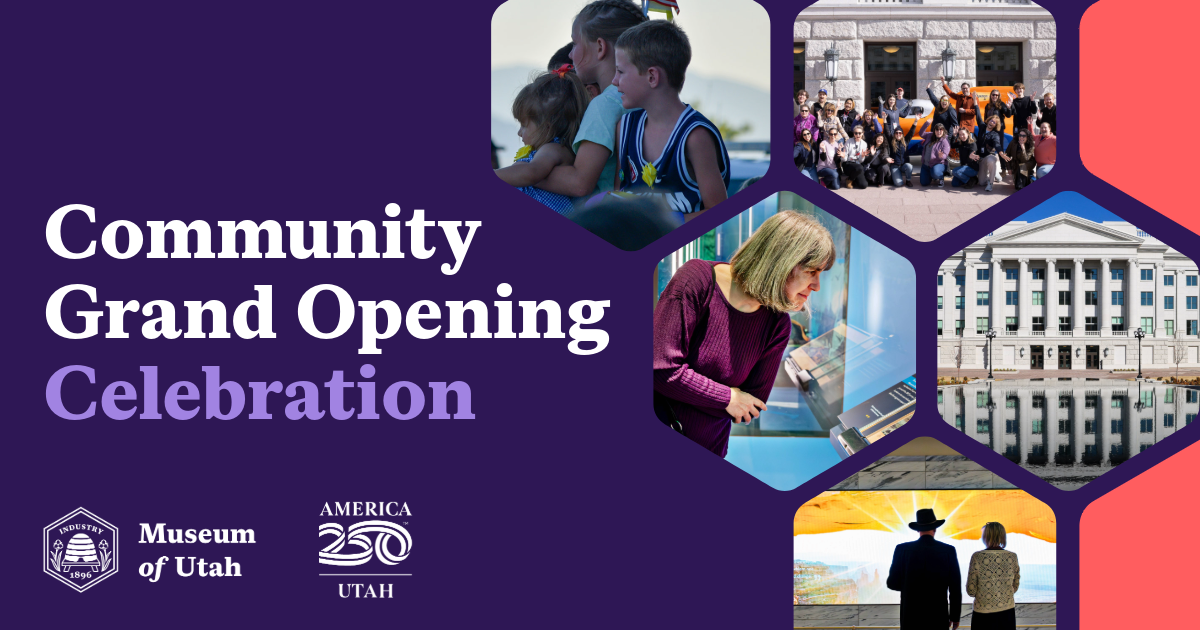 Community Grand Opening Celebration with photos of people and Utah landmarks on a purple background.