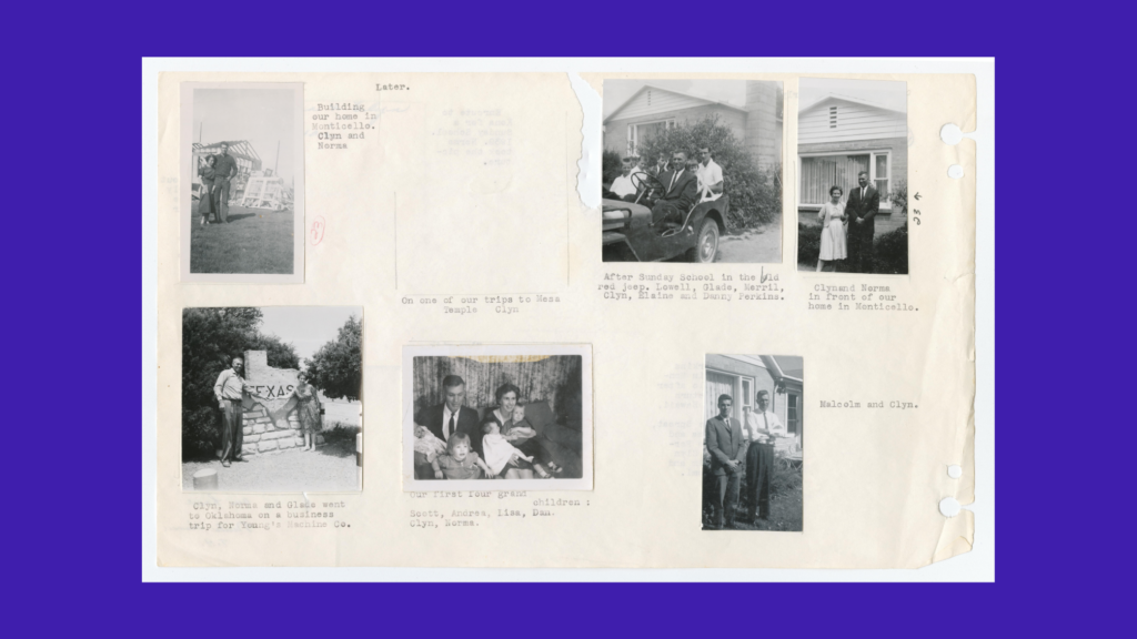 A scrapbook page with six black-and-white family photos and typed captions on a white background.